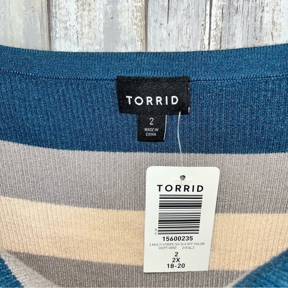 NWT Torrid Off Shoulder Ribbed Sweater 2X Multi Stripe 3/4 Sleeve Fitted Top - Picture 8 of 9